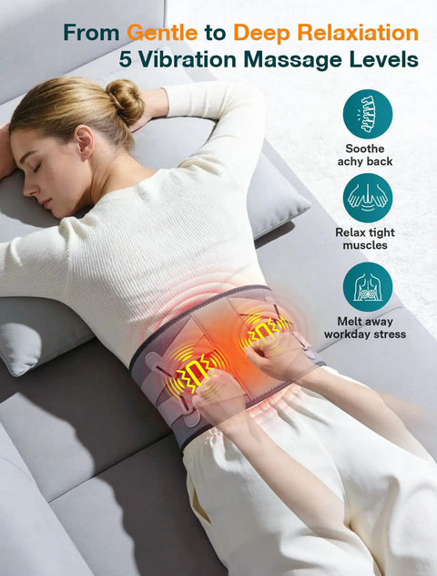 Woman using 67 Inch Cordless Heating Pad For Back Pain Relief With 3 Heat Levels And 5 Vibration Intensities, lying on couch
