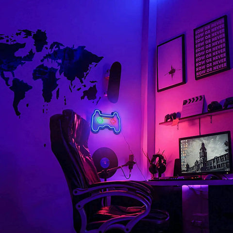 Led Dimmable Neon Sign In Dope Gamepad Controller Shape For Living Room Bedroom And Game Room Decor Bright Usb Powered Wall Light Perfect For Teens Boys Girls Kids Gamer Gifts illuminating a gaming setup with world map decor.