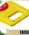 Close-up of Two Pack Double Sided Closed For Cleaning Floor Signs Bright Yellow Folding Warning Plaques handle and fold design.