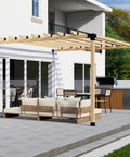 Outdoor patio with Attached Pergola Bracket Kit, built with 6x6 posts and 2x6 beams for a 12x12 pergola, steel brackets visible