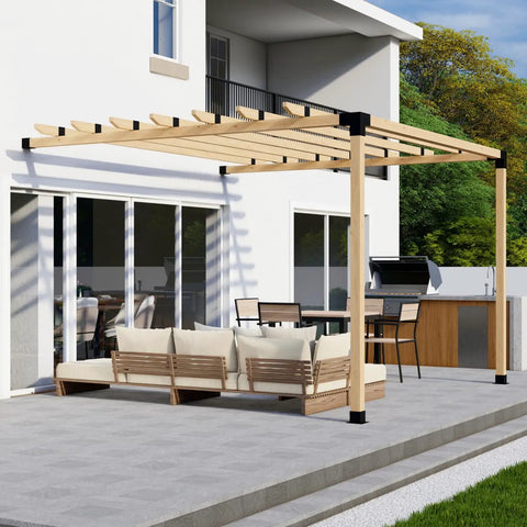Outdoor patio with Attached Pergola Bracket Kit, built with 6x6 posts and 2x6 beams for a 12x12 pergola, steel brackets visible
