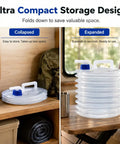 Collapsible 5 Gallon Water Jug With Spigot And Vent for Camping, shown folded and expanded, on wooden surface
