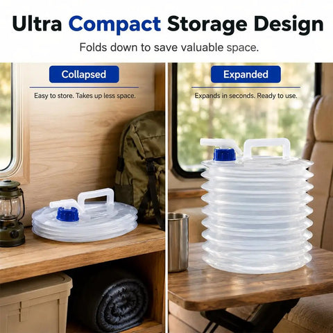 Collapsible 5 Gallon Water Jug With Spigot And Vent for Camping, shown folded and expanded, on wooden surface