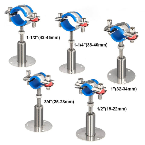 Front view: Kodilin 4-pack 304 stainless steel pipe clamps with flange bases for 3/4 in pipes, adjustable 50–100 mm.