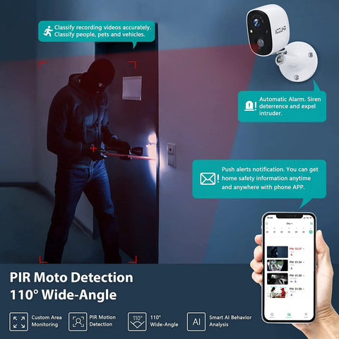 Wireless Outdoor Security Camera System With 1080P Two Way Audio And Full Color Night Vision detecting motion, displaying mobile alerts.