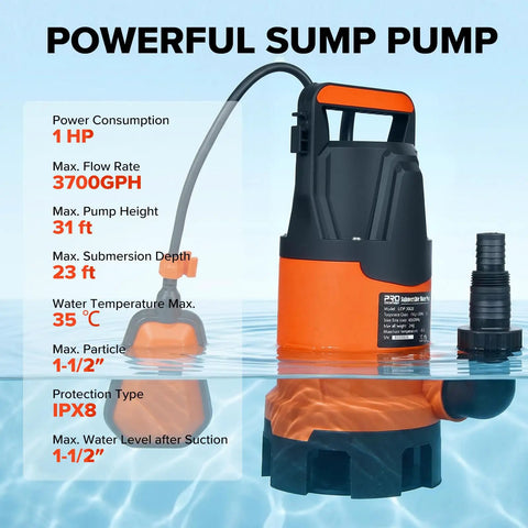 Beefy 1HP Submersible Sump Pump For Dirty Water And Clean Water, 4200GPH, 29 Ft Lift, Solids Up To 1.25 Inches, Auto Float Switch
