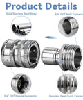 5 Pack Stainless Steel Garden Hose Quick Connect Fittings No Fuss Quick Release Adapters One Half To Three Quarter Inch GHT Heavy Duty Water Hose Connectors For Hoses And Sprayers product details showing various connector parts and material
