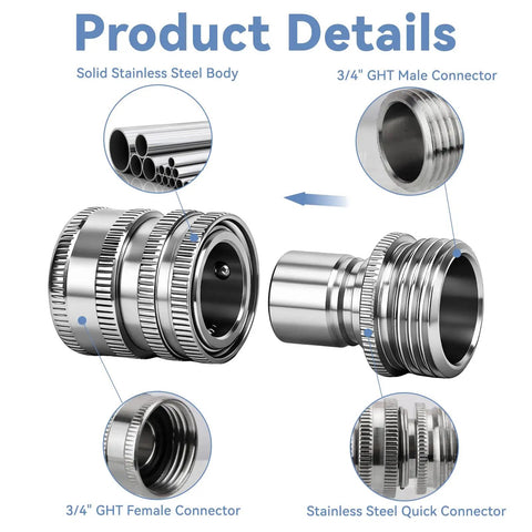 5 Pack Stainless Steel Garden Hose Quick Connect Fittings No Fuss Quick Release Adapters One Half To Three Quarter Inch GHT Heavy Duty Water Hose Connectors For Hoses And Sprayers product details showing various connector parts and material