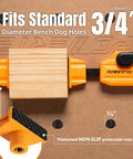 Heavy Duty Bench Dog Clamps For Three Quarter Inch Holes With Quick Release And 176 Pound Clamping Force, shown in packaging
