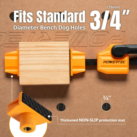 Heavy Duty Bench Dog Clamps For Three Quarter Inch Holes With Quick Release And 176 Pound Clamping Force, shown in packaging
