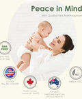 Mother holding baby next to BPA-free certification labels with 'Peace in Mind' text. Product by Maymom showcasing quality parts.