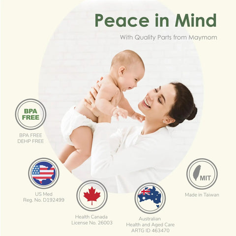 Mother holding baby next to BPA-free certification labels with 'Peace in Mind' text. Product by Maymom showcasing quality parts.