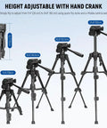 Various heights of the Beginner Friendly Mini Desk Tripod For iPhone DSLR Camcorder And Webcam, showing hand crank adjustment.
