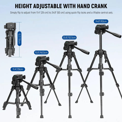 Various heights of the Beginner Friendly Mini Desk Tripod For iPhone DSLR Camcorder And Webcam, showing hand crank adjustment.