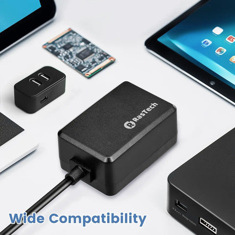 Beefy GaN 27W USB C PD Power Adapter for Raspberry Pi 5 with 130cm cable and wide compatibility shown among tech devices.