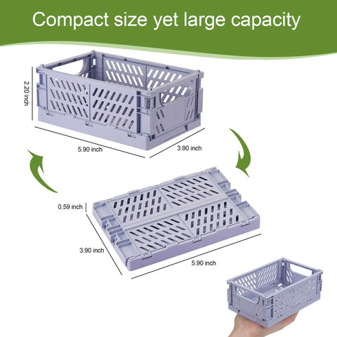 Pastel Plastic Storage Baskets 6 Pack Collapsible Crates for organizing small items, compact size, shown assembled and collapsed.