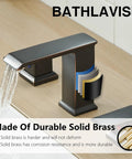 Close-up of oil rubbed bronze widespread bathroom faucet with water flow, solid brass construction shown