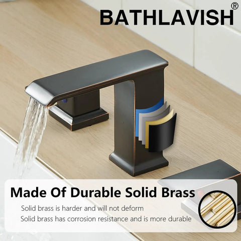 Close-up of oil rubbed bronze widespread bathroom faucet with water flow, solid brass construction shown