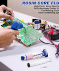 Person using no clean solder flux paste for electronics soldering with desoldering wick, circuit board repair setup