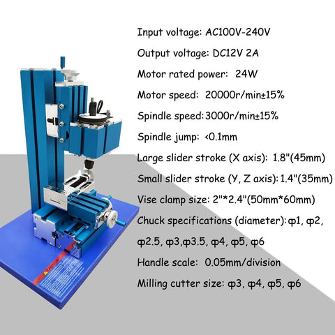 Compact Mini Metal Milling Machine With AC100V-240V Power, detailed view showcasing technical specifications on display.