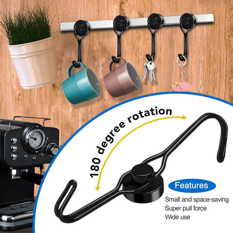 Heavy Duty Fridge Magnet Hooks Hold Like Crazy For Cruise Cabins And Kitchen Organization Six Pack hanging mugs and keys on a metal strip.