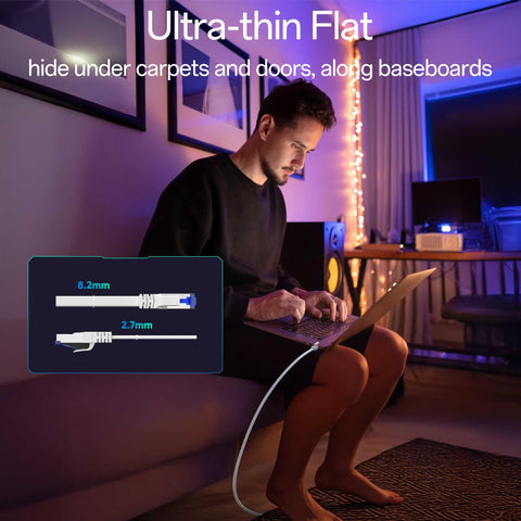 Ultra Thin Flat Ethernet Cable For 100 Ft Indoor Outdoor Use, Shielded SFTP Network Cable Delivers 40Gbps Speeds And 2000MHz Bandwidth