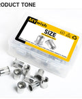 Solid 50 Pack 3/8 304 Stainless Steel Rivet Nuts in a clear container showing knurled grip design for auto repair.