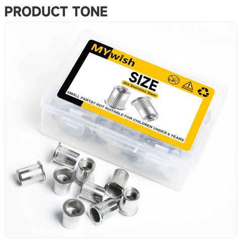 Solid 50 Pack 3/8 304 Stainless Steel Rivet Nuts in a clear container showing knurled grip design for auto repair.