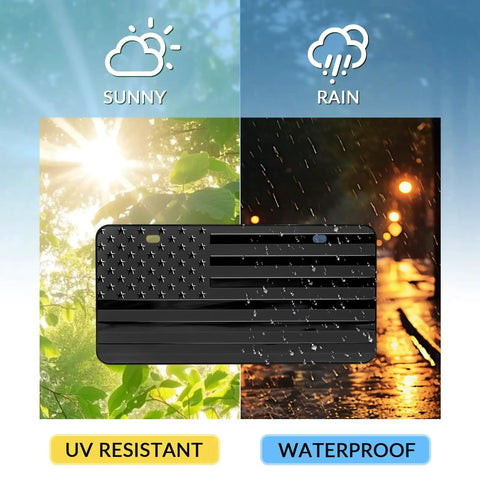 Flag 6x12 Inch Aluminum License Plate Frame With Thick 3D Embossed Metal Tag, weatherproof and UV resistant, shown in rain and sun