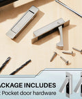2 Pack Pocket Door Pull Handles 3.54 Inch Stainless Steel Satin Finish Edge Hidden Flush Pull Handles shown with screws and drill bits