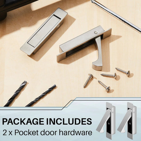 2 Pack Pocket Door Pull Handles 3.54 Inch Stainless Steel Satin Finish Edge Hidden Flush Pull Handles shown with screws and drill bits