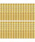 Sweet 1/4 Inch Titanium HSS Rotary Tool Drywall Cutout Bits Featuring A Sick Sabre Tip Spiral Saw Design That Slashes Through Gypsum Sheetrock And Plywood Like Butter 50 Piece Pack arranged in rows.