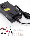 Black aluminum Beefy 600W 50A AC To DC Converter 12V Adjustable Power Supply with cables and accessories shown
