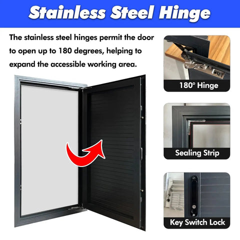 Stainless steel hinge of Fire Rated Aluminum Access Panel Recessed Drywall Inspection Door custom white design, opens 180 degrees