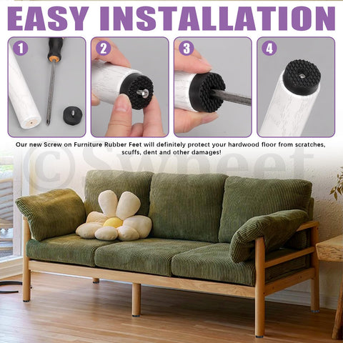 Easy installation of 52 Piece Round Black Furniture Pad Set with Screws in 18mm 24mm and 30mm sizes for hardwood floor protection.