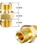 Pair of brass welding hose adapters, 9/16-18 LH&RH, for oxygen-acetylene twin hose, front and side views.