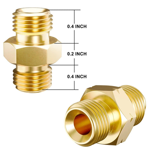 Pair of brass welding hose adapters, 9/16-18 LH&RH, for oxygen-acetylene twin hose, front and side views.