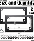Two Pack Stainless Steel Motorcycle License Plate Frames In Black Finish Heavy Duty Metal Plate Cover With Mounting Screws Nuts Caps Rust Proof And Rattle Proof product dimensions and accessories.