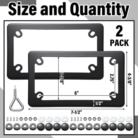 Two Pack Stainless Steel Motorcycle License Plate Frames In Black Finish Heavy Duty Metal Plate Cover With Mounting Screws Nuts Caps Rust Proof And Rattle Proof product dimensions and accessories.