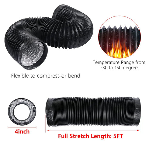 4 Inch Flexible Aluminum Air Ducting For HVAC Ventilation, 5 Feet Long, Black Vent Hose With 2 Clamps shown compressed and extended