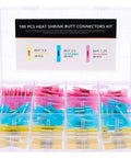 180 Piece Pro Grade All Weather Marine Heat Shrink Butt Connectors Kit for 22 to 10 AWG Wires in compartment box.