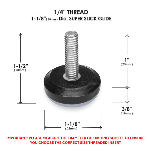 1-1/8 inch diameter Heavy Duty Adjustable Furniture Levelers 8 Pack Weatherproof Screw In Leg Glides for patio chairs with thread dimensions.