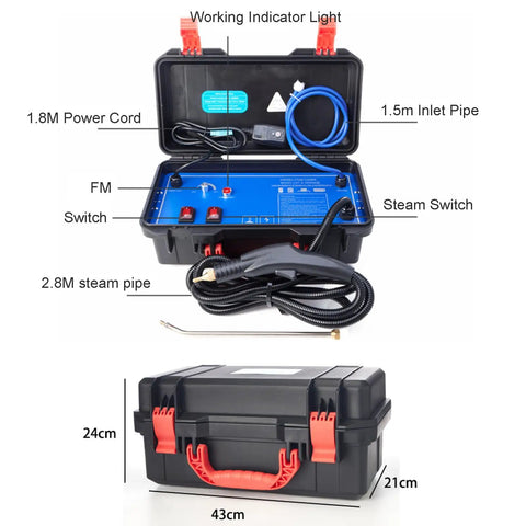 Sddpulse Handheld Steam Cleaner High Temp Portable with power cord, steam pipe, and controls in sturdy storage case.