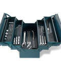 Open 17 Inch Cantilever Tool Box with 5 trays, showing organized tools, heavy duty steel construction, blue finish.