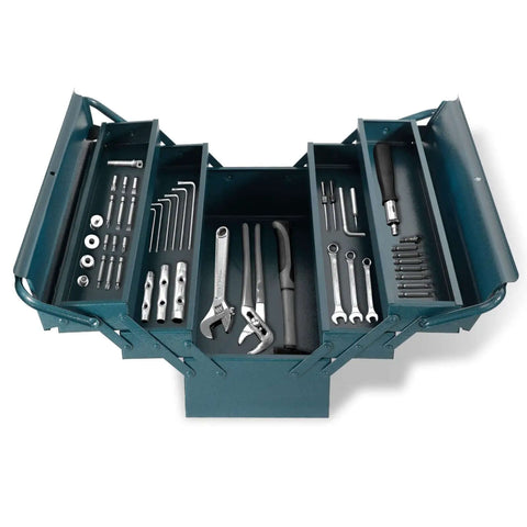 Open 17 Inch Cantilever Tool Box with 5 trays, showing organized tools, heavy duty steel construction, blue finish.