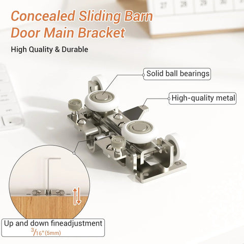 Concealed sliding barn door main bracket with solid ball bearings, 32 Inch Concealed Sliding Barn Door Hardware Kit With Two Soft Close Mechanisms Aluminum Hidden Barn Door System For Wall Mount No Floor Track Fits Opening Width 25 Inch Door Not Included Durable Lightweight Aluminum Rails For Quiet Smooth Operation