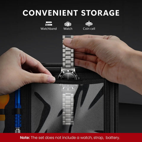 Pro Grade All In One Watch Repair Kit With Press Tool For Battery Swap And Strap Sizing, storage pouch being packed