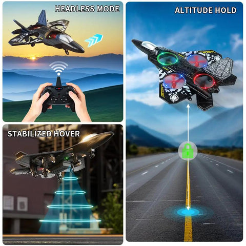 Remote Control Airplane For Kids And Beginners With LED Lights 360 Degree Flips And Stunts Fighter Jet RC Plane Gift For Boys Girls Ages 8 16 And Adults showing LED lights, remote control, and flight modes