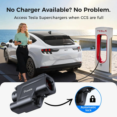 Tough As Nails Ul 2252 Certified Tesla Supercharger To Ccs1 Adapter supporting robust 500 Amp max charging rate on vehicle.