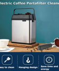 Automatic Portafilter Cleaner Machine For 58mm Espresso Sets Knock Box with a stainless steel finish and brush.